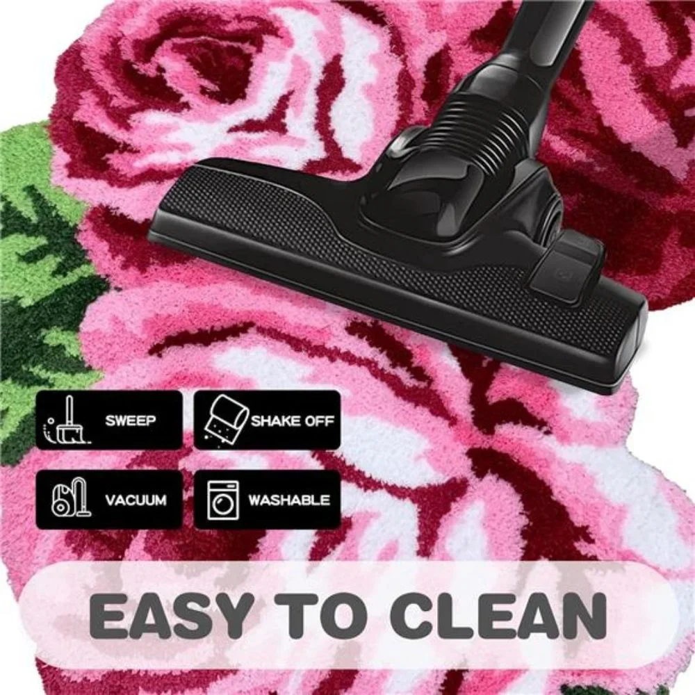 Rose Shaped Rug Pink Luxury Shaggy Toilet Bath Mat Non-Slip Machine-Washable